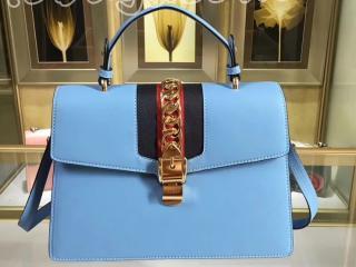 グッチ シルヴィ バッグ スーパーコピー〔GUCCI Sylvie〕レザー トップハンドルバッグ ショルダーバッグ ゴールド トーン ハードウェア 431665 CVL1G 4374 ライトブルー