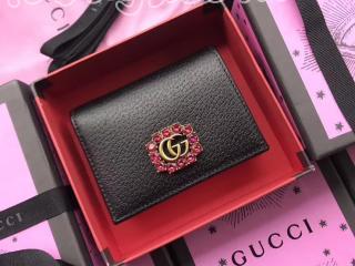 499783 CWGHT 8230 グッチ レディース 財布 コピー 2018新作 GUCCI ダブルG＆クリスタル カードケース コイン＆紙幣入れ付き 二つ折り財布 ブラック レザー