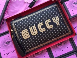 510489 0GUSN 1055 グッチ バッグ スーパーコピー GUCCI GUCCY プリント ポーチ レディース クラッチバッグ 2色選択可 ブラック レザー