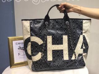 A57161 Y83565 C2417 シャネル バッグ コピー CHANEL 2018年春夏 ラージ ショッピング バッグ プリント キャンバス & カーフスキン レディース トートバッグ ブラック & ベージュ