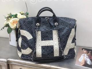 A57164 Y83565 C2417 シャネル バッグ スーパーコピー CHANEL 2018年春夏 ボーリング バッグ プリント キャンバス & カーフスキン レディース トートバッグ ブラック & ベージュ