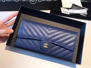 A80758 19283 シャネル 財布 コピー CHANEL クラシック フラップ ウォレット Vステッチ レディース 二つ折り長財布 ゴールド金具 7色可選択 コバルトブルー