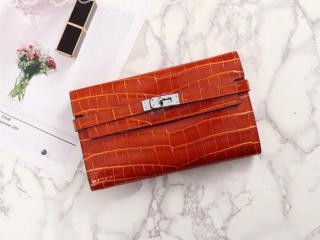 エルメス ケリー 長財布 コピー HERMES Kelly クロコ型押 レディース 二つ折り財布 シルバー金具 7色可選択 オレンジ H07085