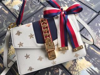 524405 DJ2RG 8963 グッチ シルヴィ バッグ スーパーコピー GUCCI Sylvie ビー（ハチ）＆スター スモール レディース ショルダーバッグ 2色可選択 ホワイト レザー