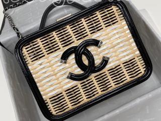 A93343 B00429 N4443 シャネル バッグ コピー CHANEL 19SS ラタン & パテント カーフスキン ヴァニティー ケース ハンドバッグ レディース ショルダーバッグ ベージュ、ブラック & ホワイト