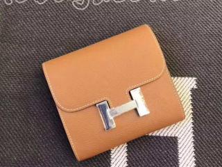 エルメスコンパクト財布 Hermesヴォー・エプソン短い財布 折りたたみ財布 輸入牛革Cartera Constance Compact二つ折財布 土黄　ゴールド/シルバー金具選択可