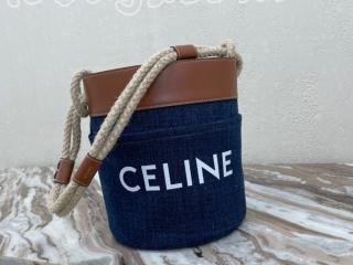 196272DJD.07AT セリーヌ バッグ コピー 21新作 CELINEプリント CELINE バケット / デニム ＆ カーフスキン ショルダーバッグ ネイビー / タン